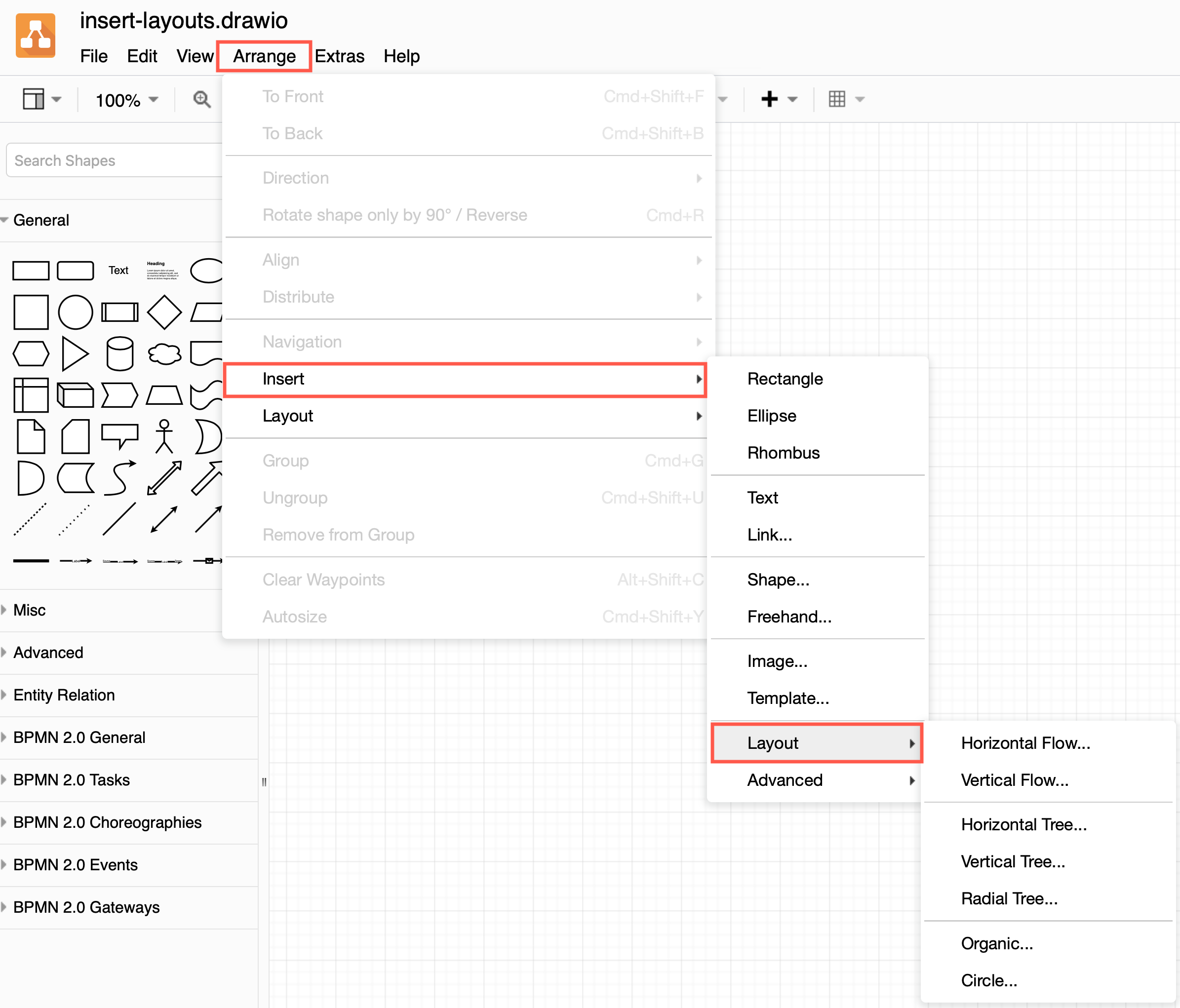 Select Arrange /> Insert > Layout then select a layout to quickly build your diagram