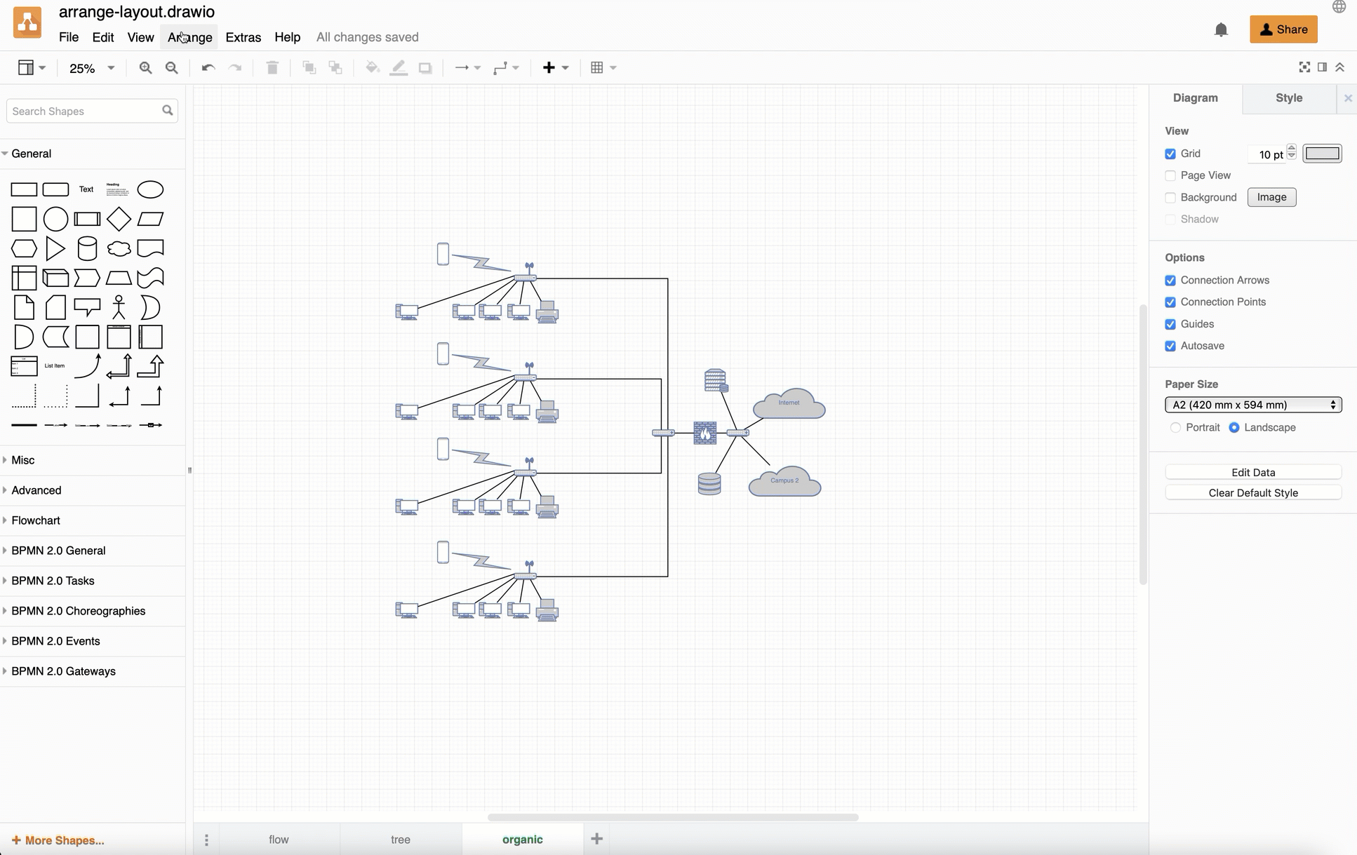 Apply a layout via Arrange /> Layout > Organic to automatically rearrange the shapes and connectors