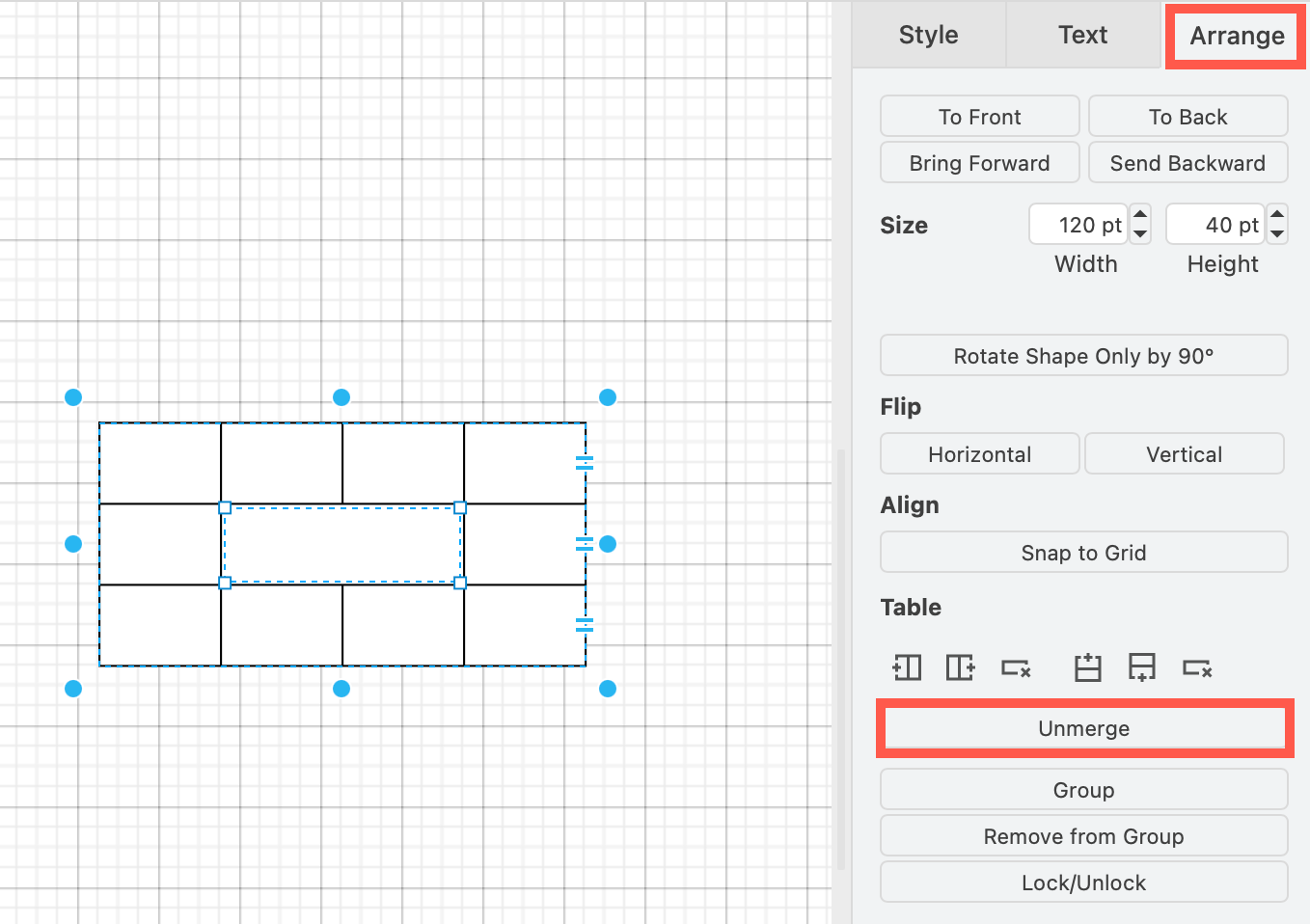 Unmerge table cells in the draw.io editor via the Arrange tab in the format panel