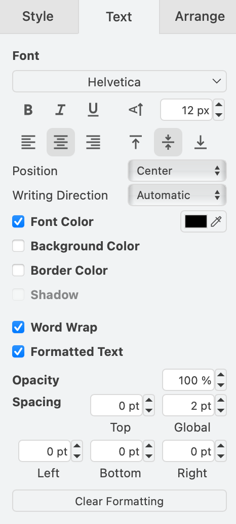 Style label text via the Text tab in the format panel in draw.io