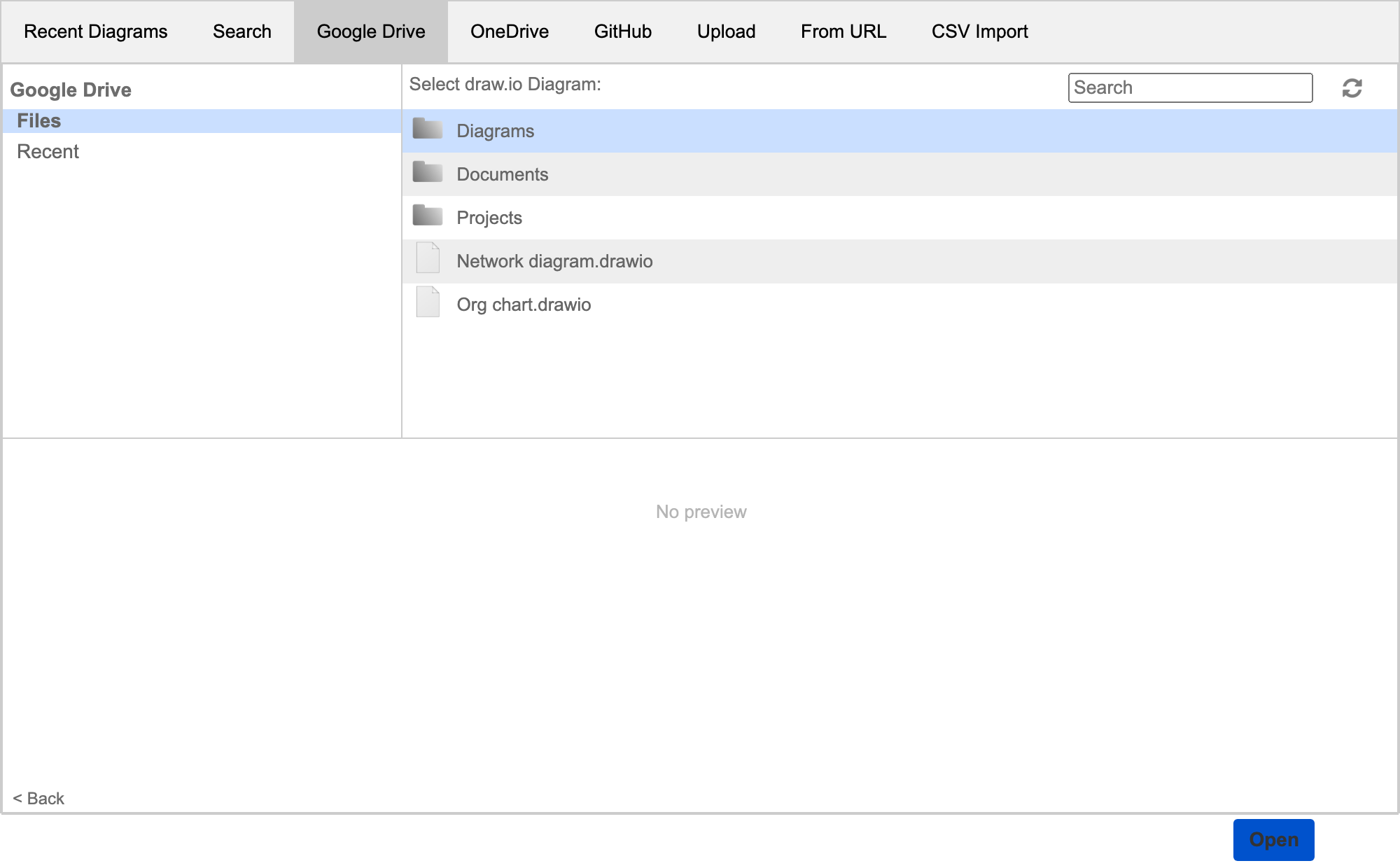 Browse your Google Drive folders to find the .drawio diagram file