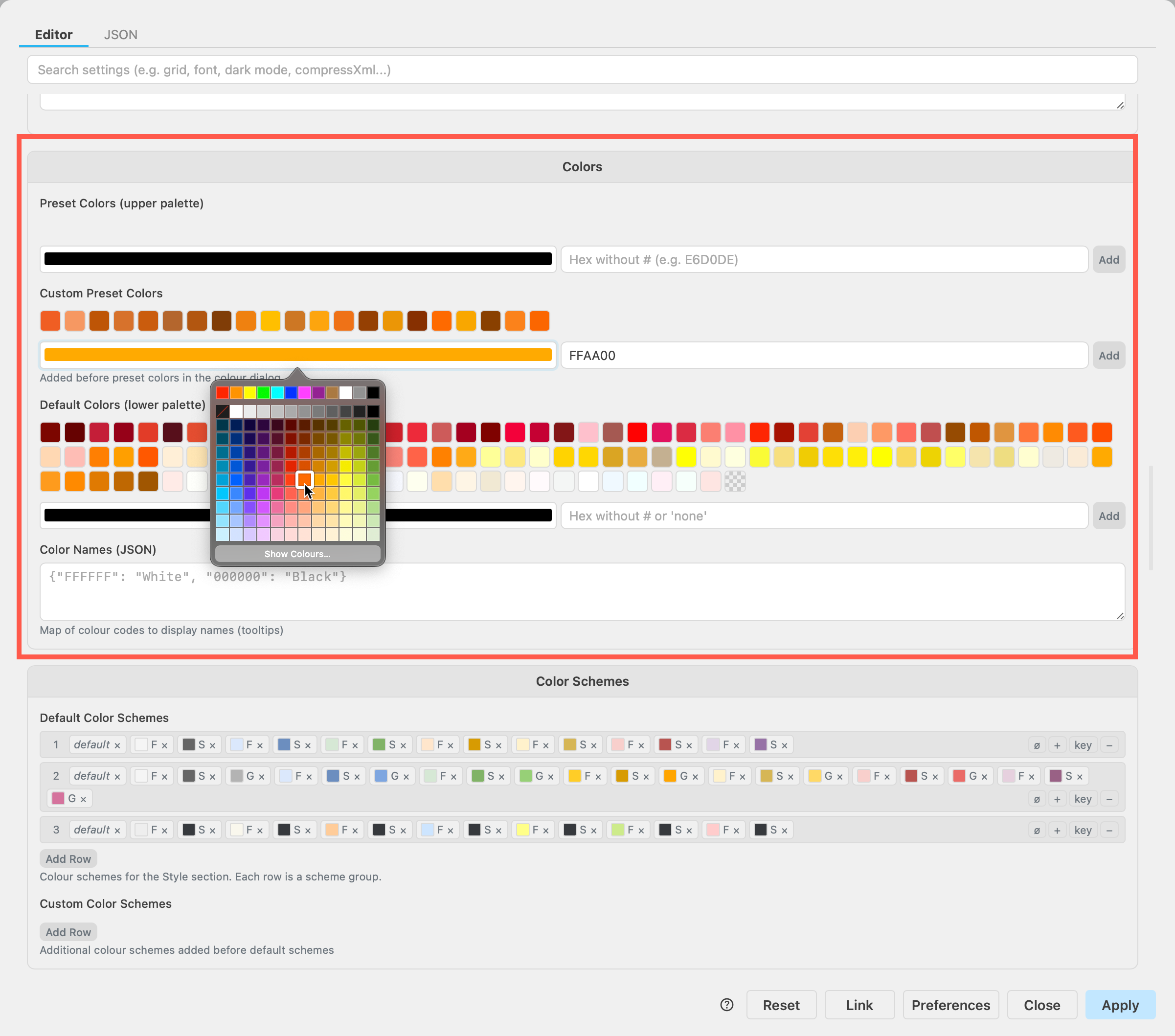 The default preset colours and style palette can be customised in draw.io