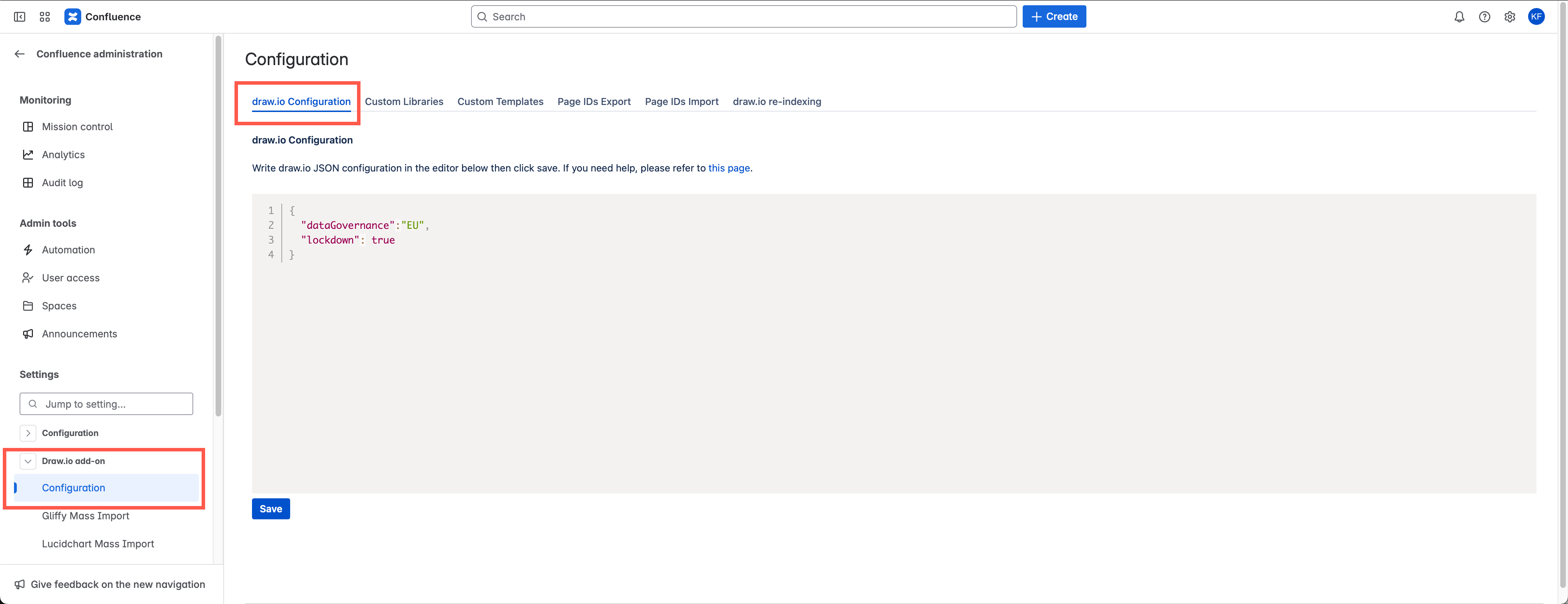 Restrict data transmission to between browser and Confluence Cloud in the draw.io app configuration JSON code