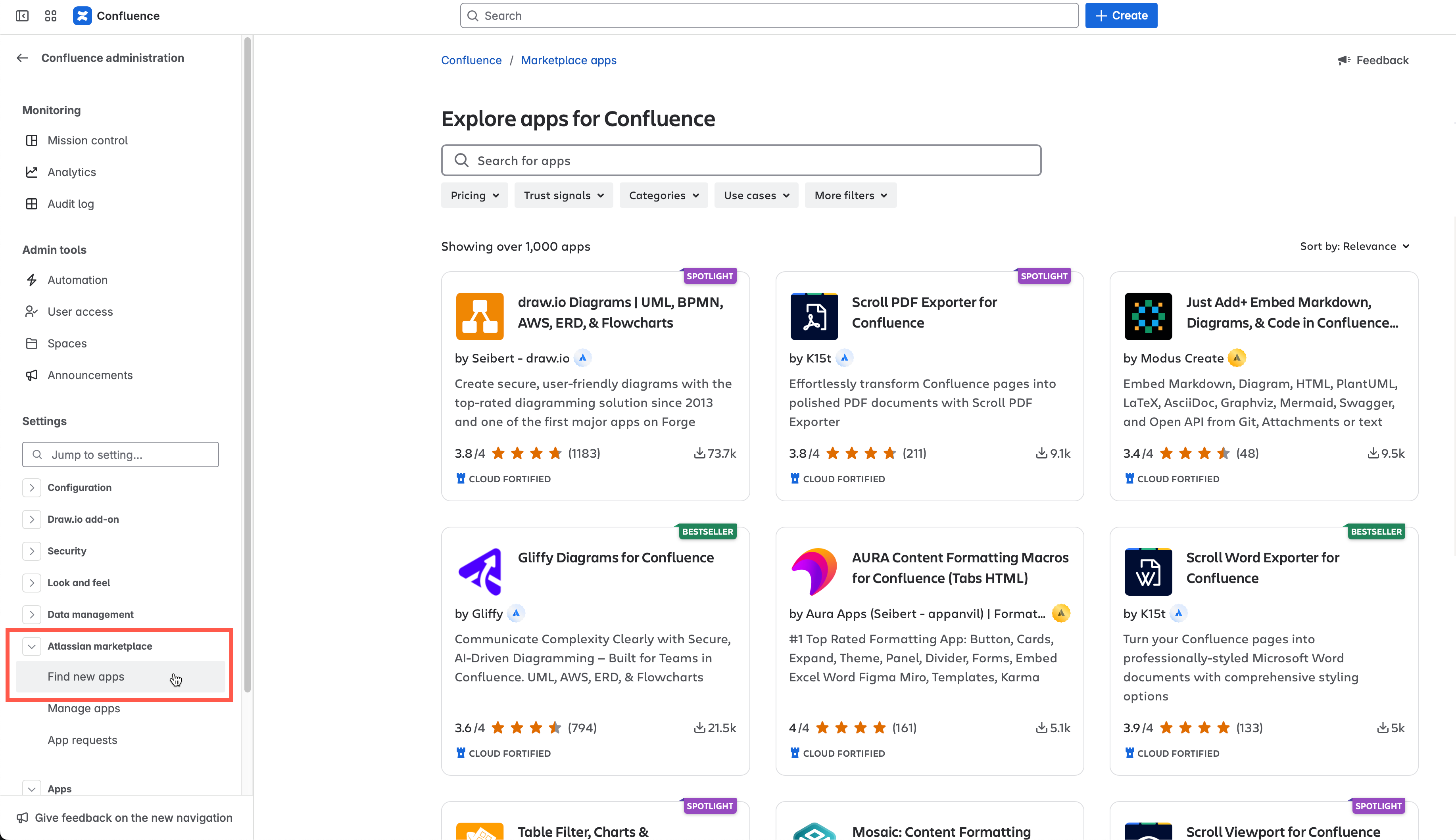 Find new apps for your Confluence Cloud instance via Settings