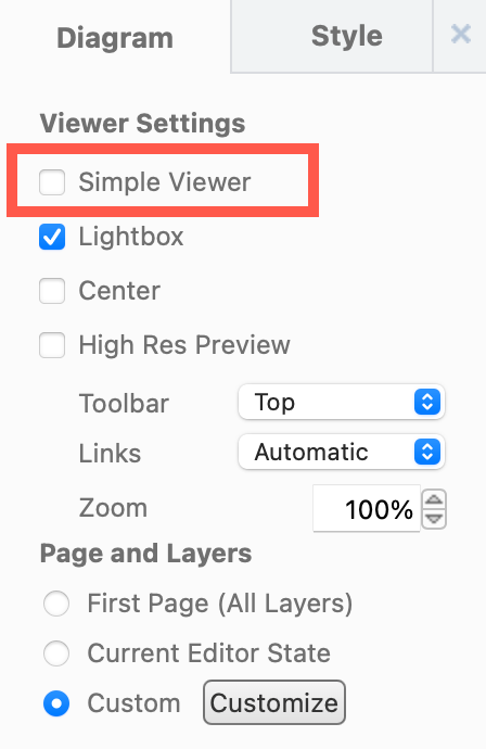 Use the draw.io Macro Settings in Confluence to disable the Simple Viewer