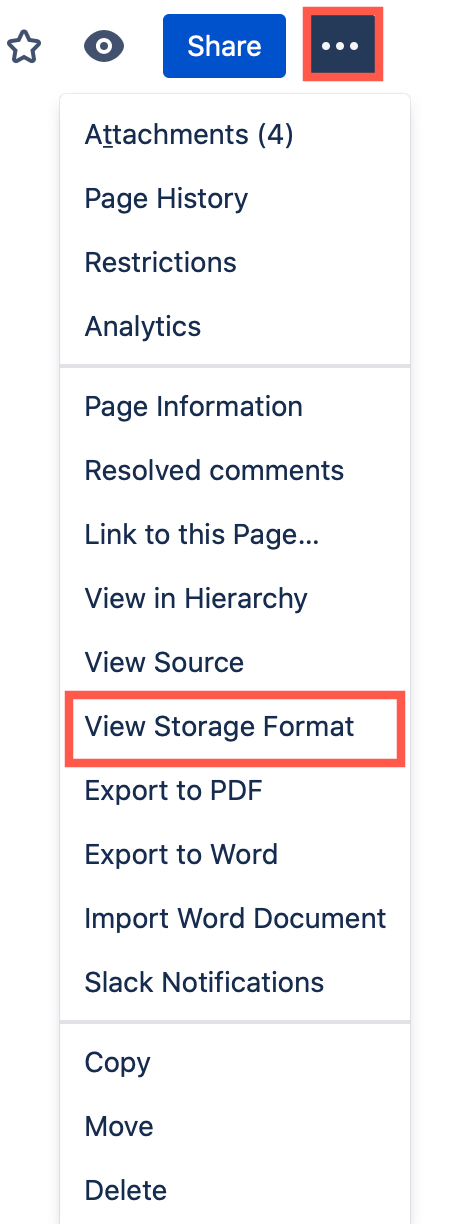 Click on ... /> View Storage Format to see the source of a page in Confluence Cloud as an administrator