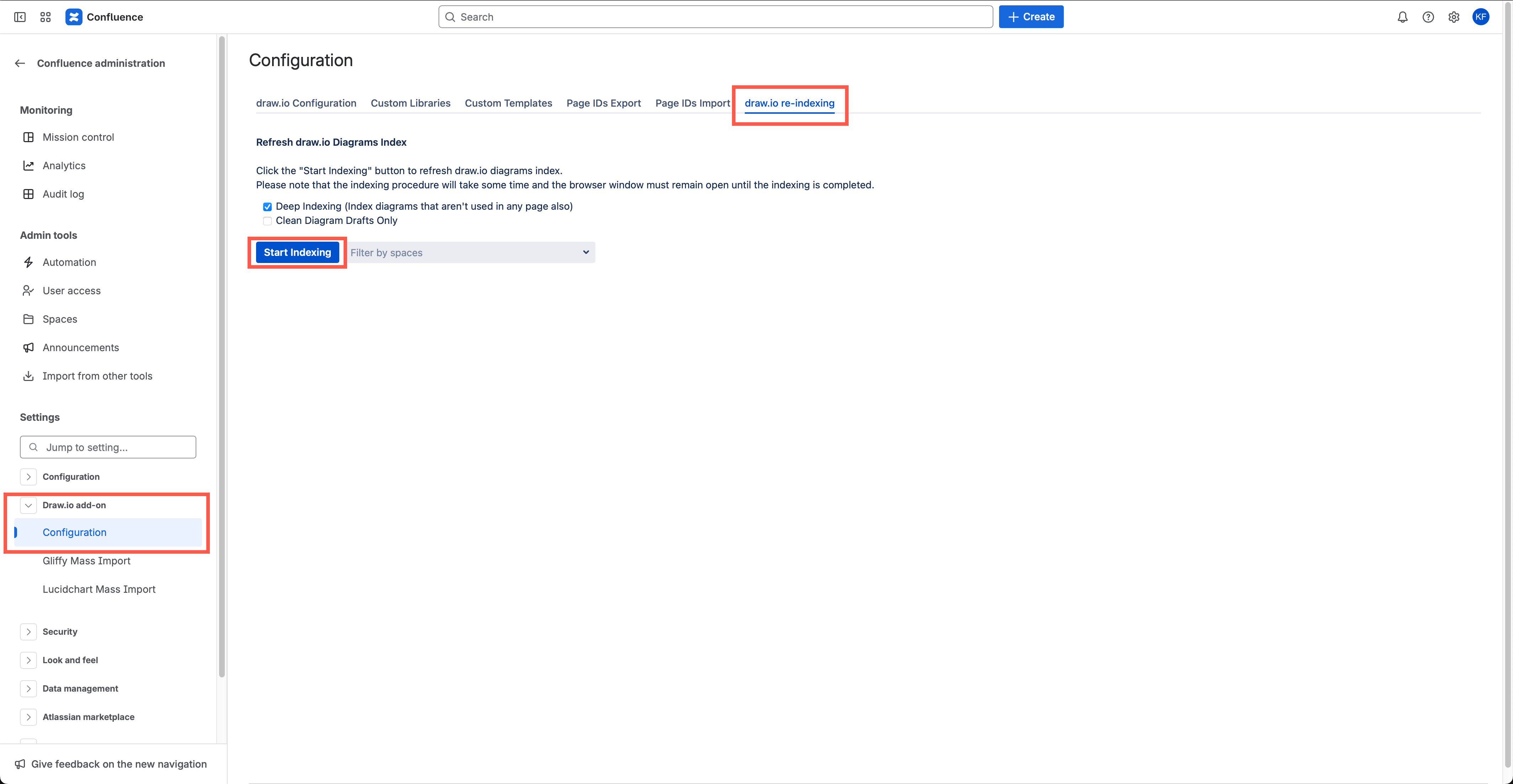 In the draw.io configuration, run a re-index on your Confluence Cloud instance to make sure all diagram links and embedded diagrams are referred to correctly