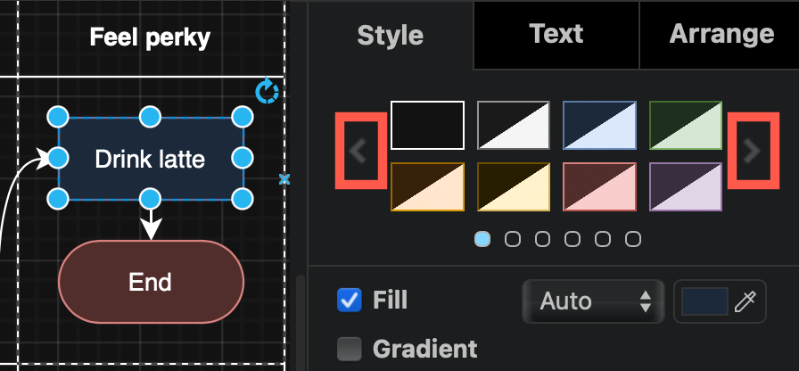 Change to a style palette to format shapes more visibly against a dark background when using the Dark editor theme in draw.io