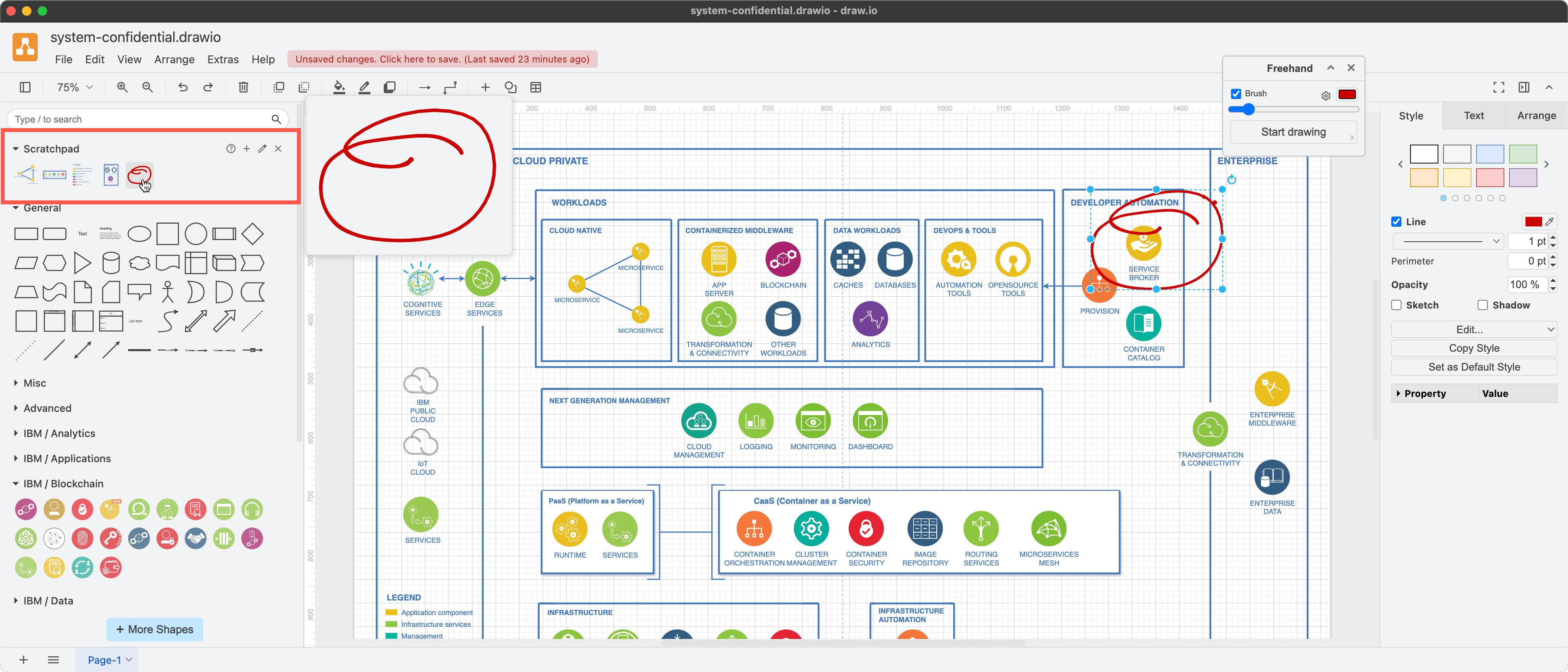 Drag shapes, groups of shapes, and freehand shapes to the scratchpad to make your own custom library in draw.io Desktop