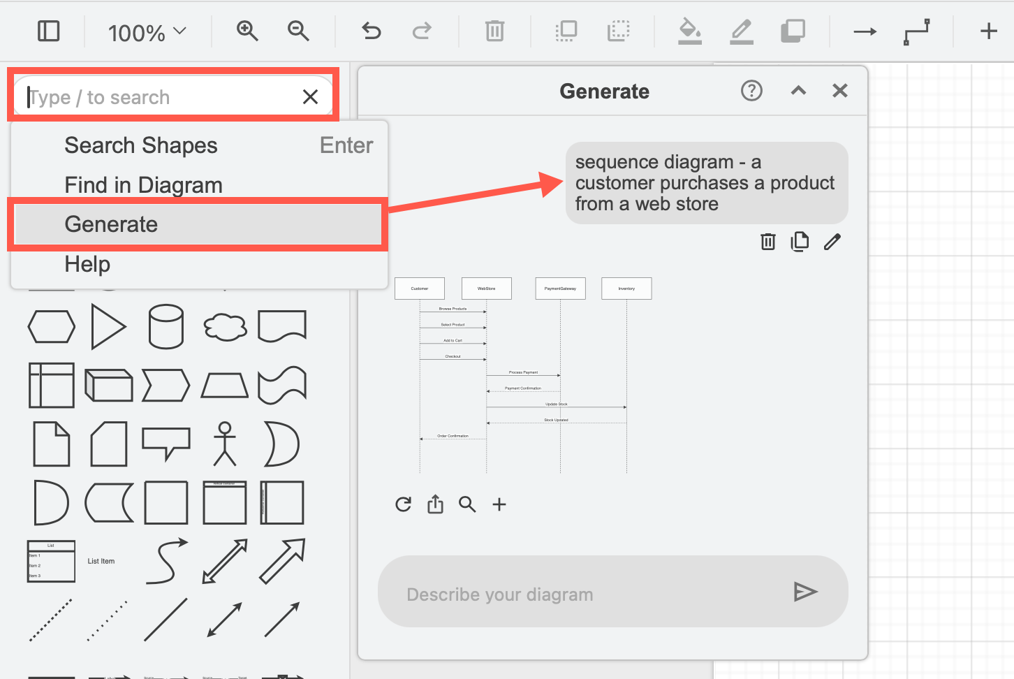Generate a diagram using AI LLM tools via the search field in draw.io