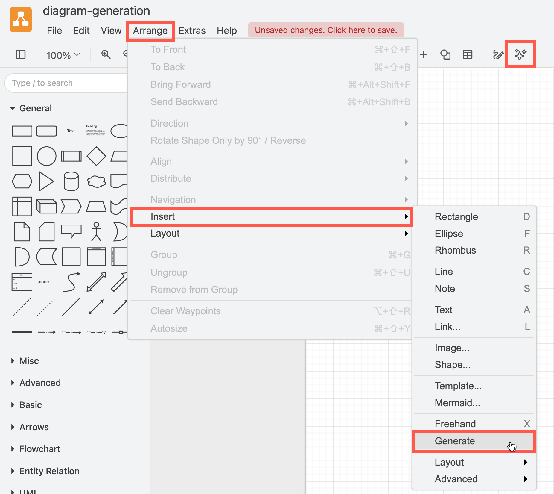 Generate a diagram using AI LLM tools via the menu and toolbar in draw.io