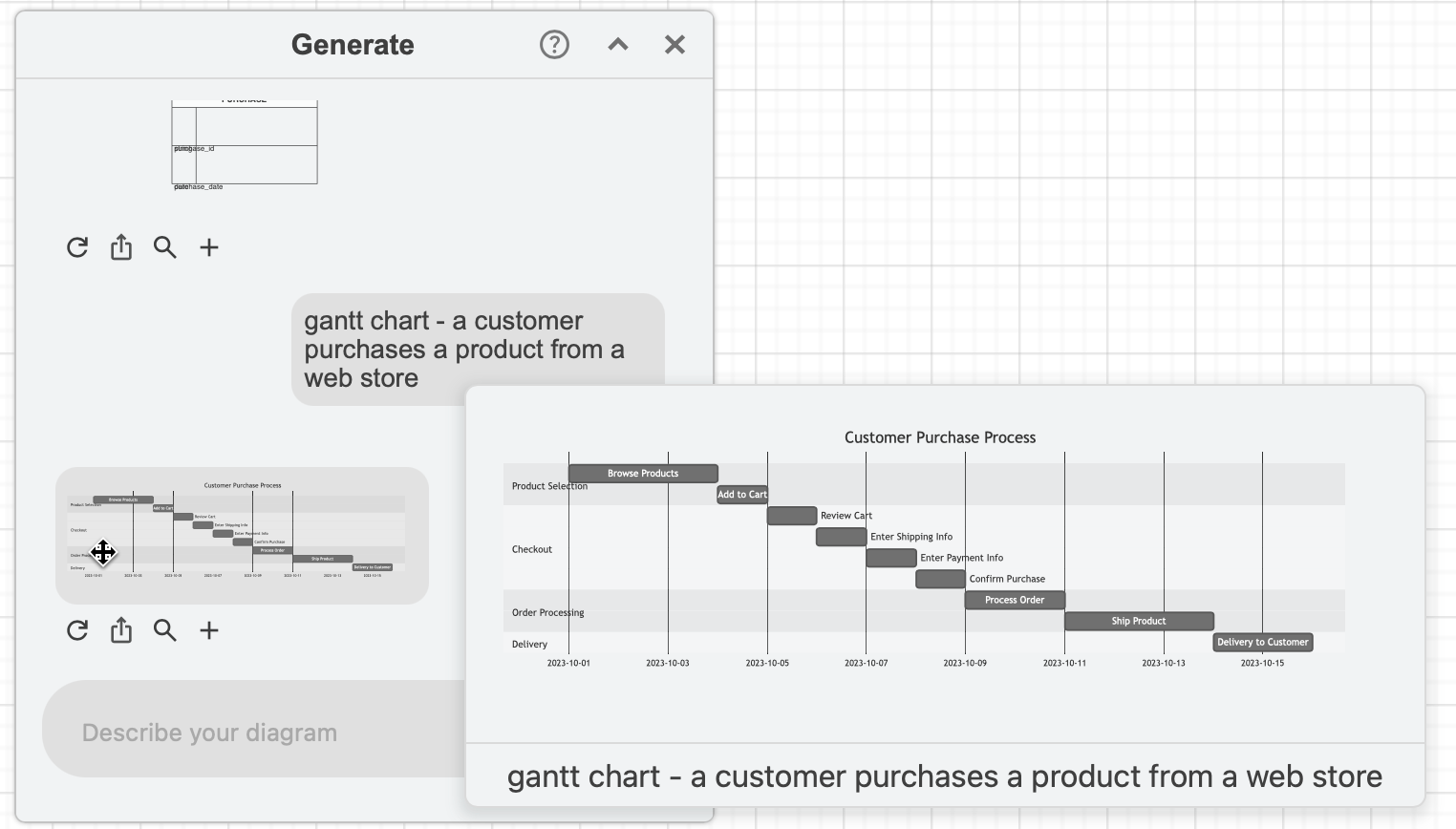 Generate a Gantt chart from a text description via the diagram generate dialog in draw.io