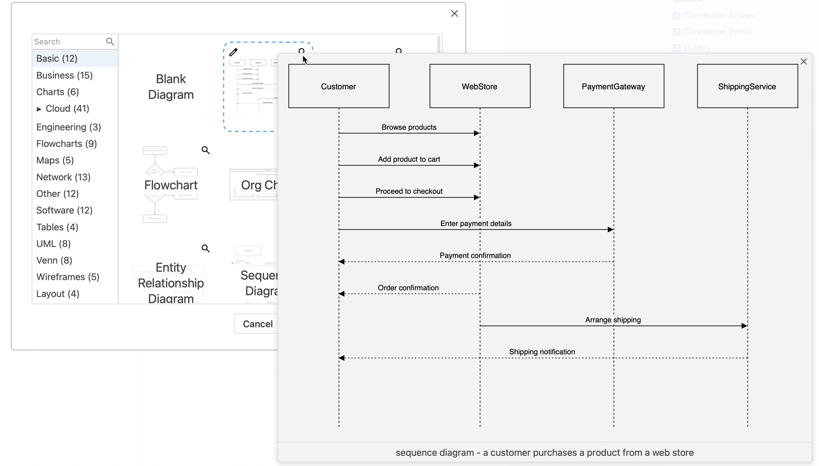 Generate diagrams of many different types from a text description via the template library in draw.io
