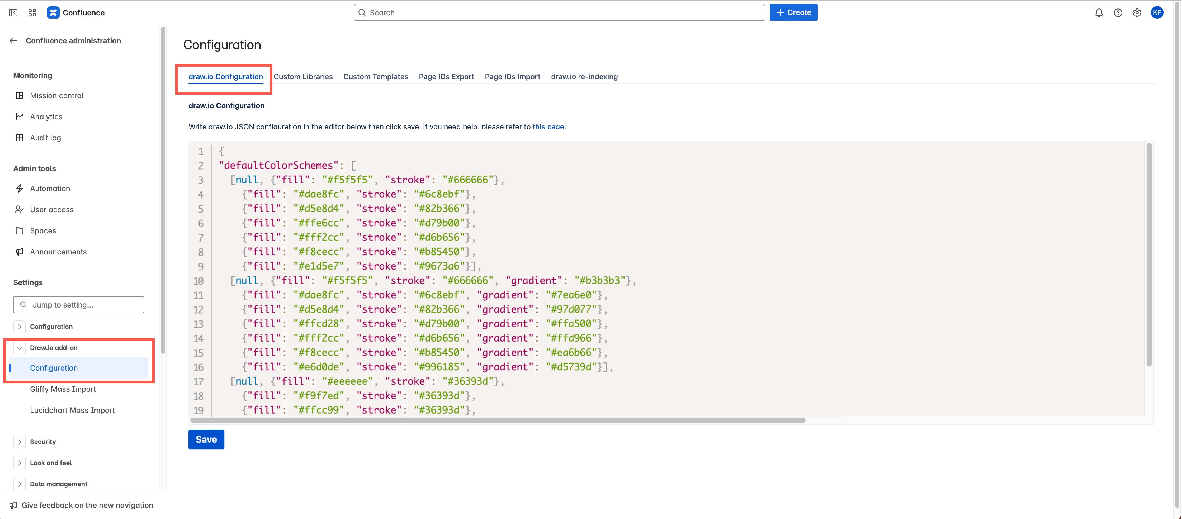 Administrators can specify custom colours for draw.io in Confluence Cloud