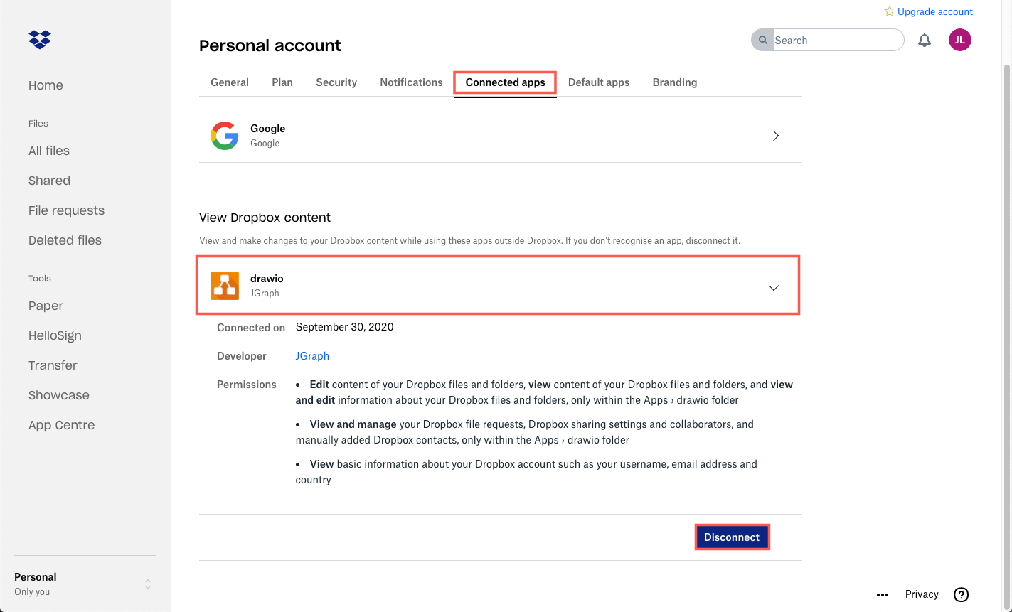 Disconnect draw.io from Dropbox