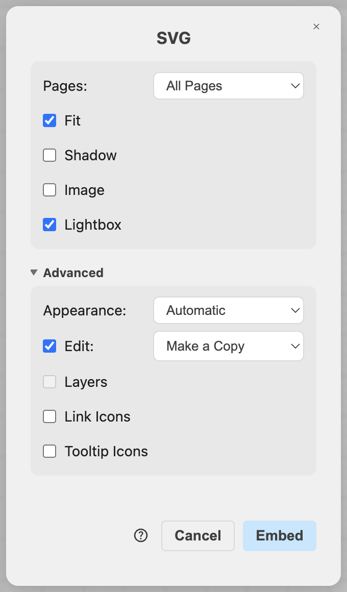Select the options for your diagram in the SVG embed dialog, with the Advanced section expanded to show the appearance and lightbox options
