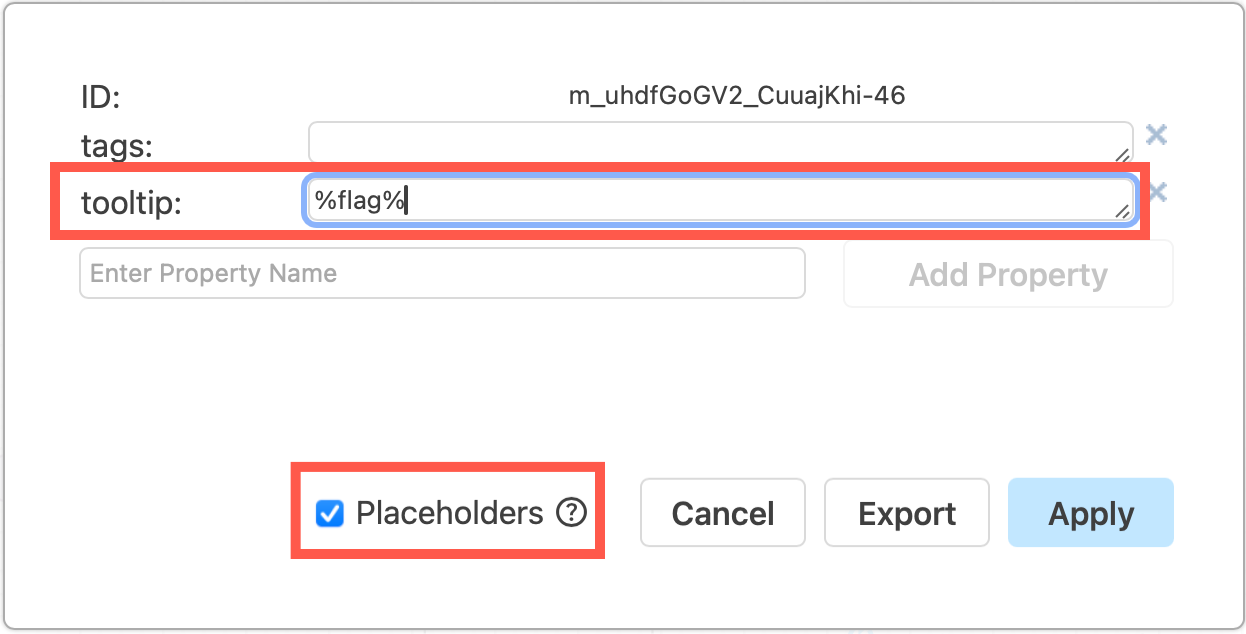 Add placeholders to shape properties to have labels and tooltips update automatically