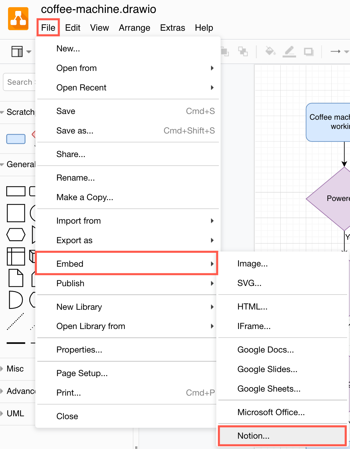 Click File /> Embed > Notion to generate the embed code for embedding a diagram in Notion