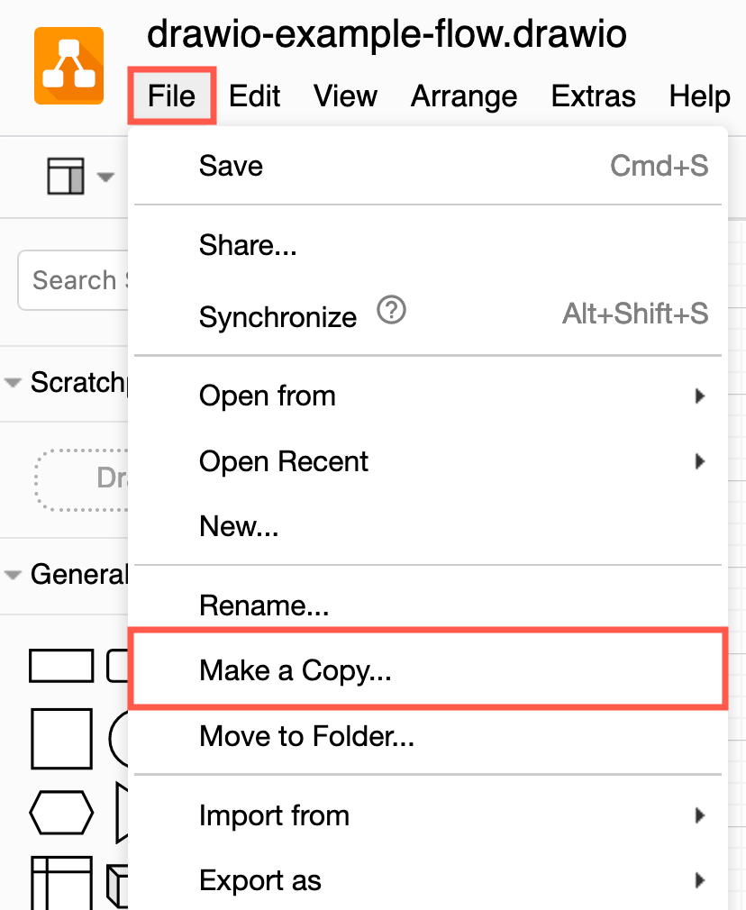 Select File /> Rename from the menu to rename a diagram file in Google Drive