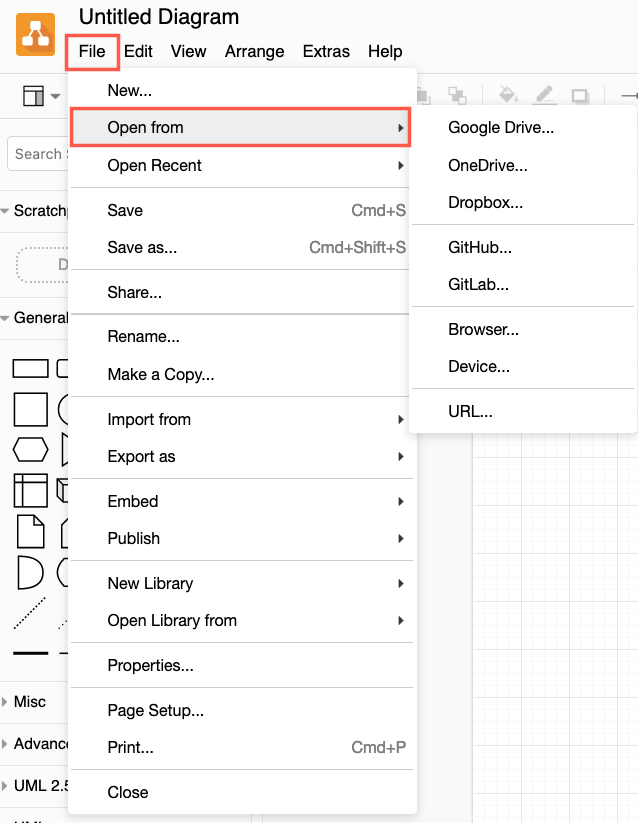 Select File /> Open From in the draw.io editor, then select the location where your diagram file is saved