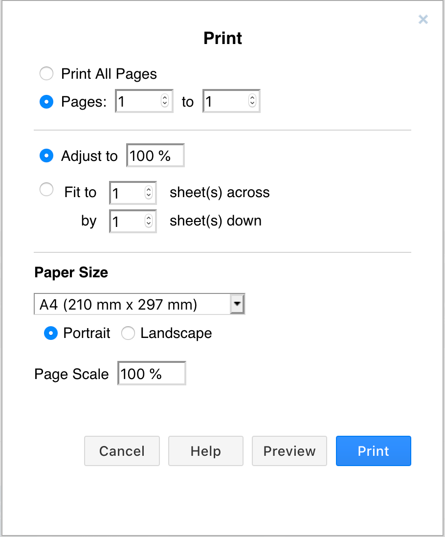 Click File /> Print to open the print options dialog in draw.io