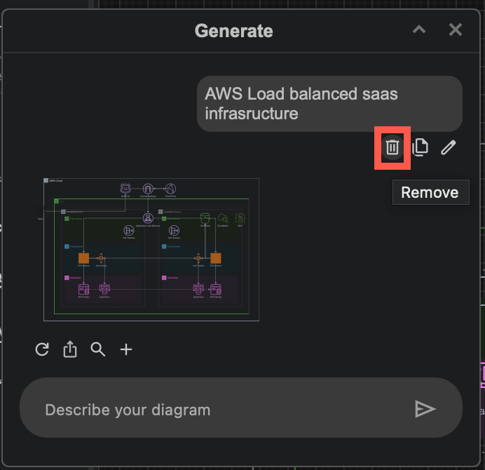 Click on the Remove trash can icon to remove a query from the draw.io generate diagram tool