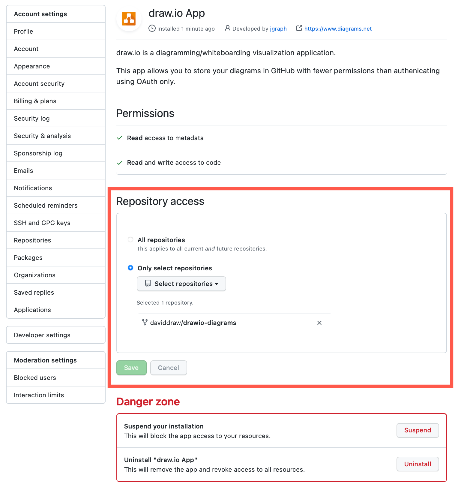 Add and remove repository access for the draw.io App via GitHub Settings /> Applications