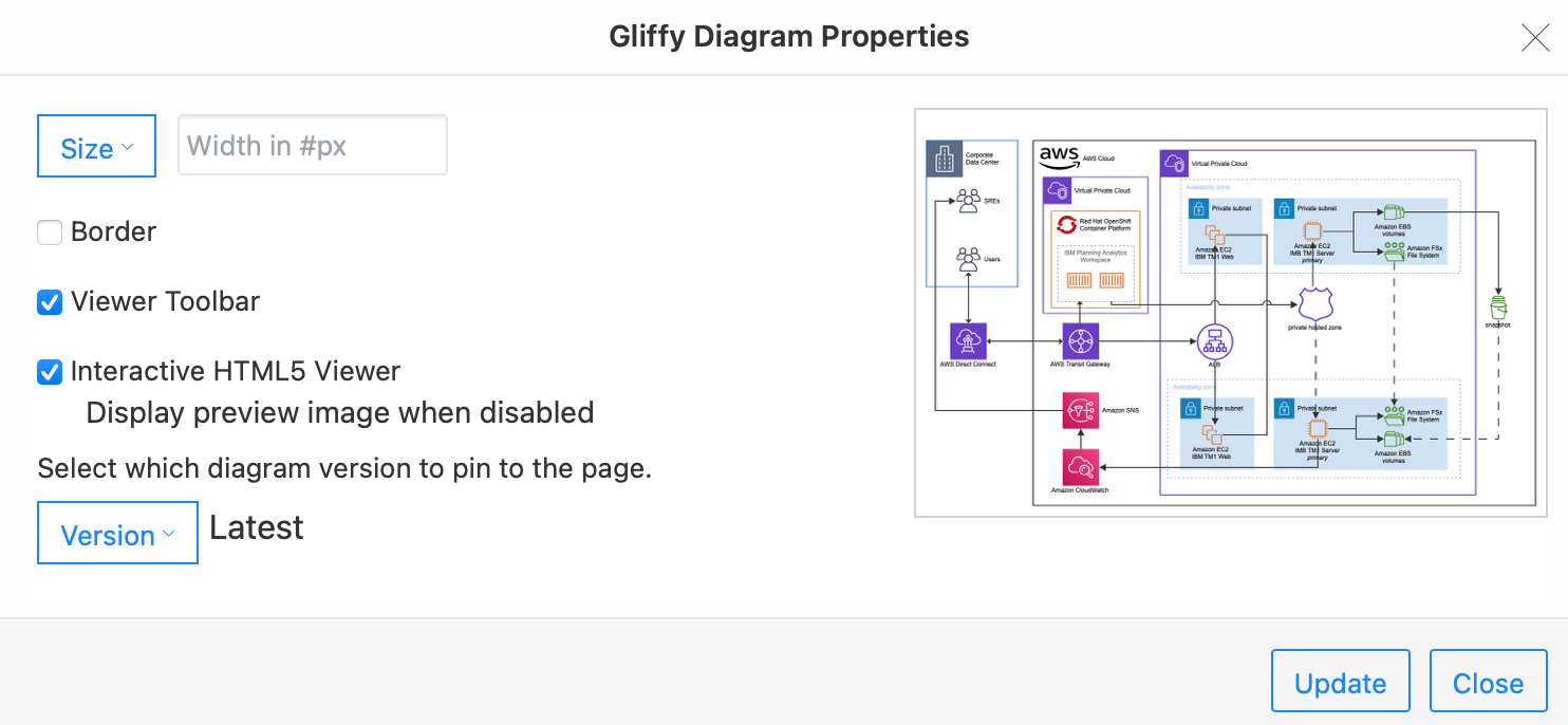 Change how the Gliffy diagram is displayed on the Confluence page from within the Gliffy editor via the menu: Properties /> Edit Properties