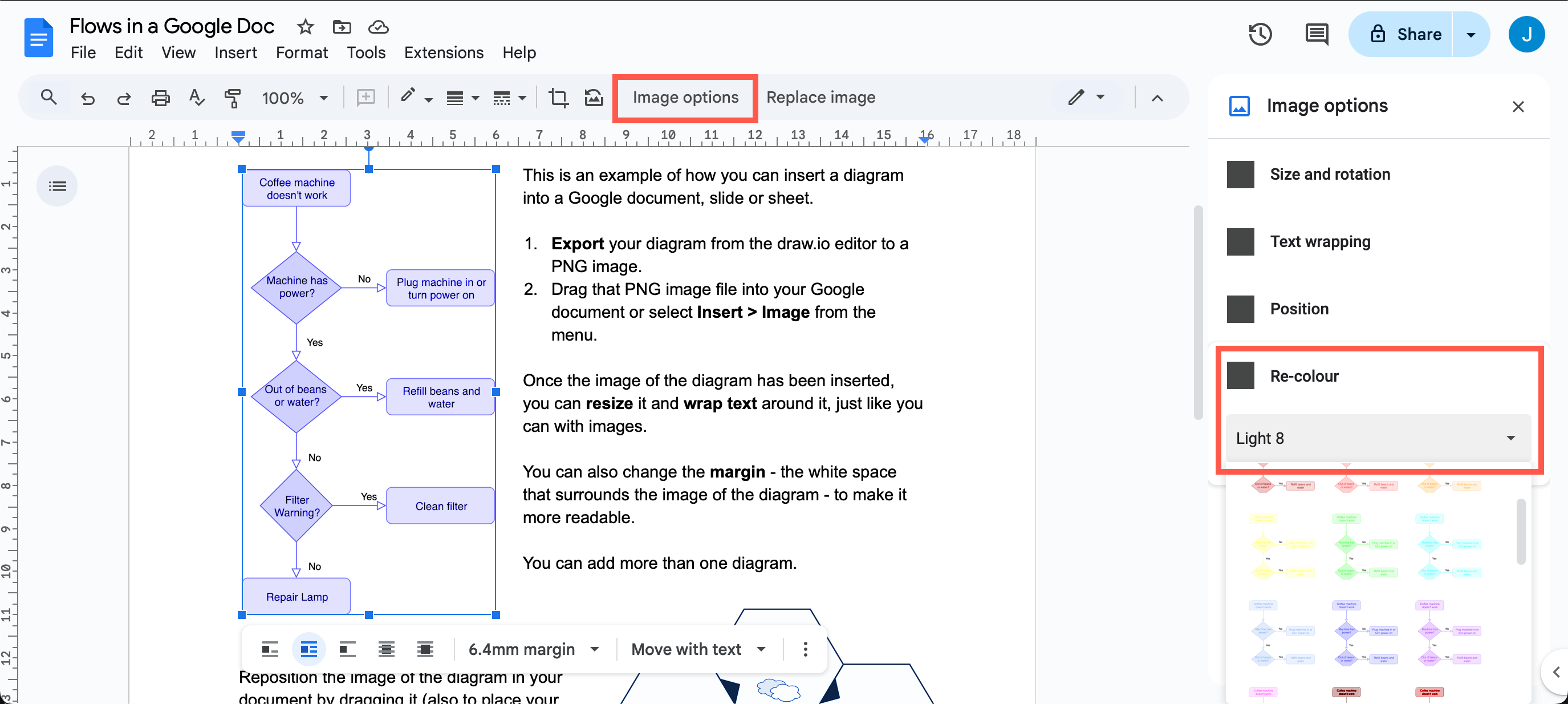 Apply a new colour filter to your diagram in your Google document