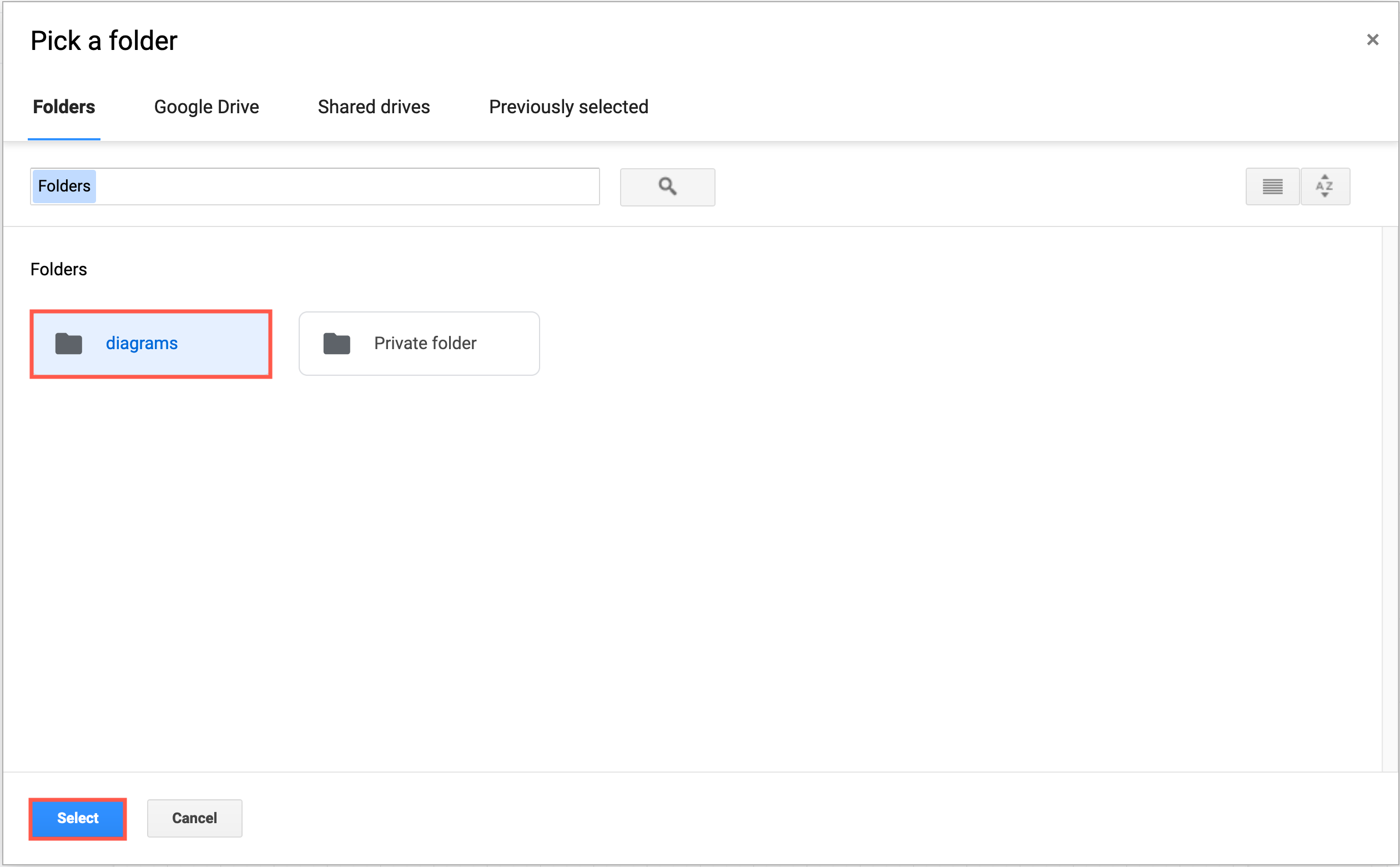 Navigate to and select different folder to move your diagram file to in Google Drive