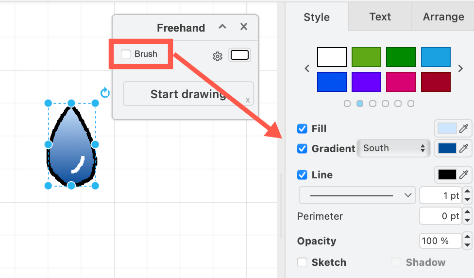 Draw a new shape freehand - deselect the Brush option to style it with outline and fill colours
