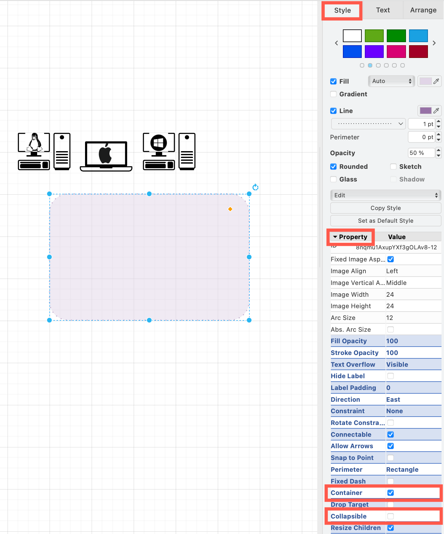 Turn a shape into a non-collapsible container by editing the shape Properties in the Style tab