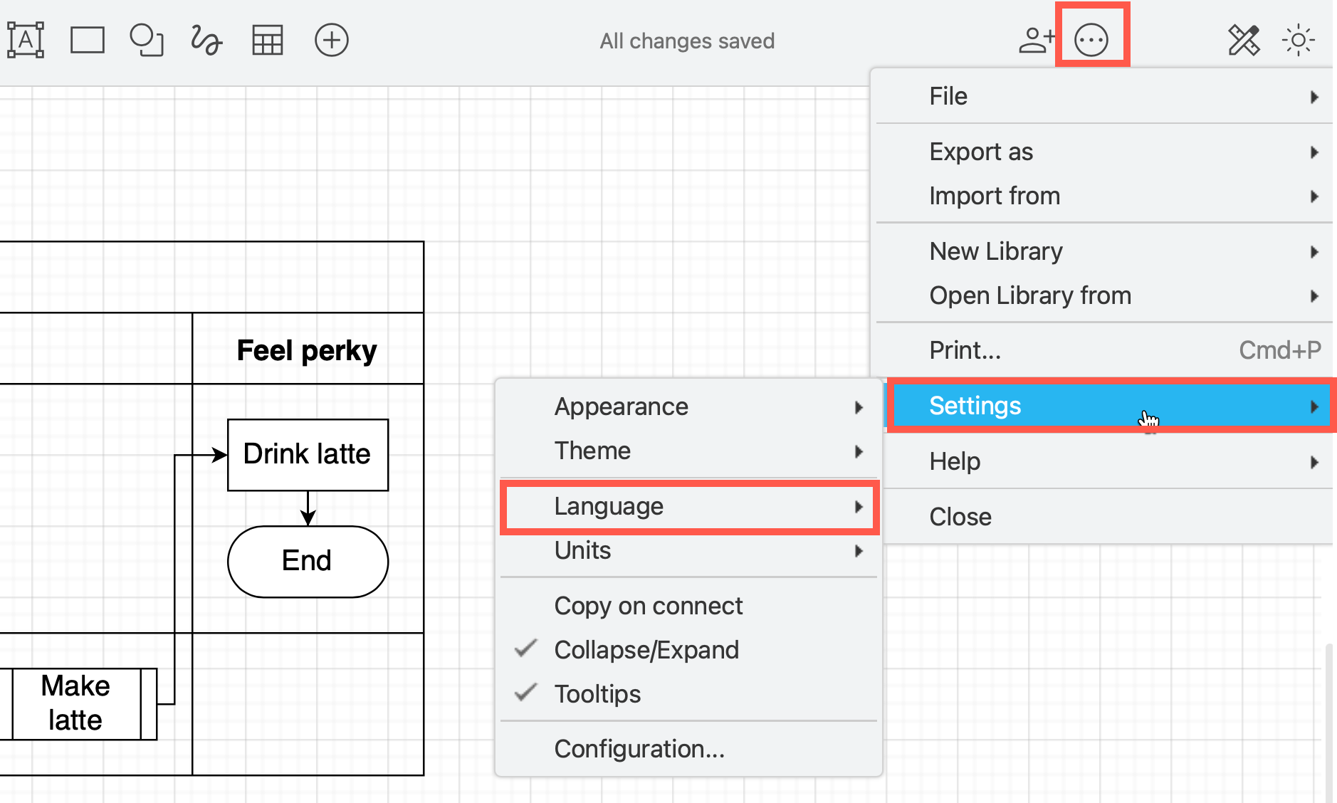 Select Settings /> Language and choose the language you want to use in the draw.io menu