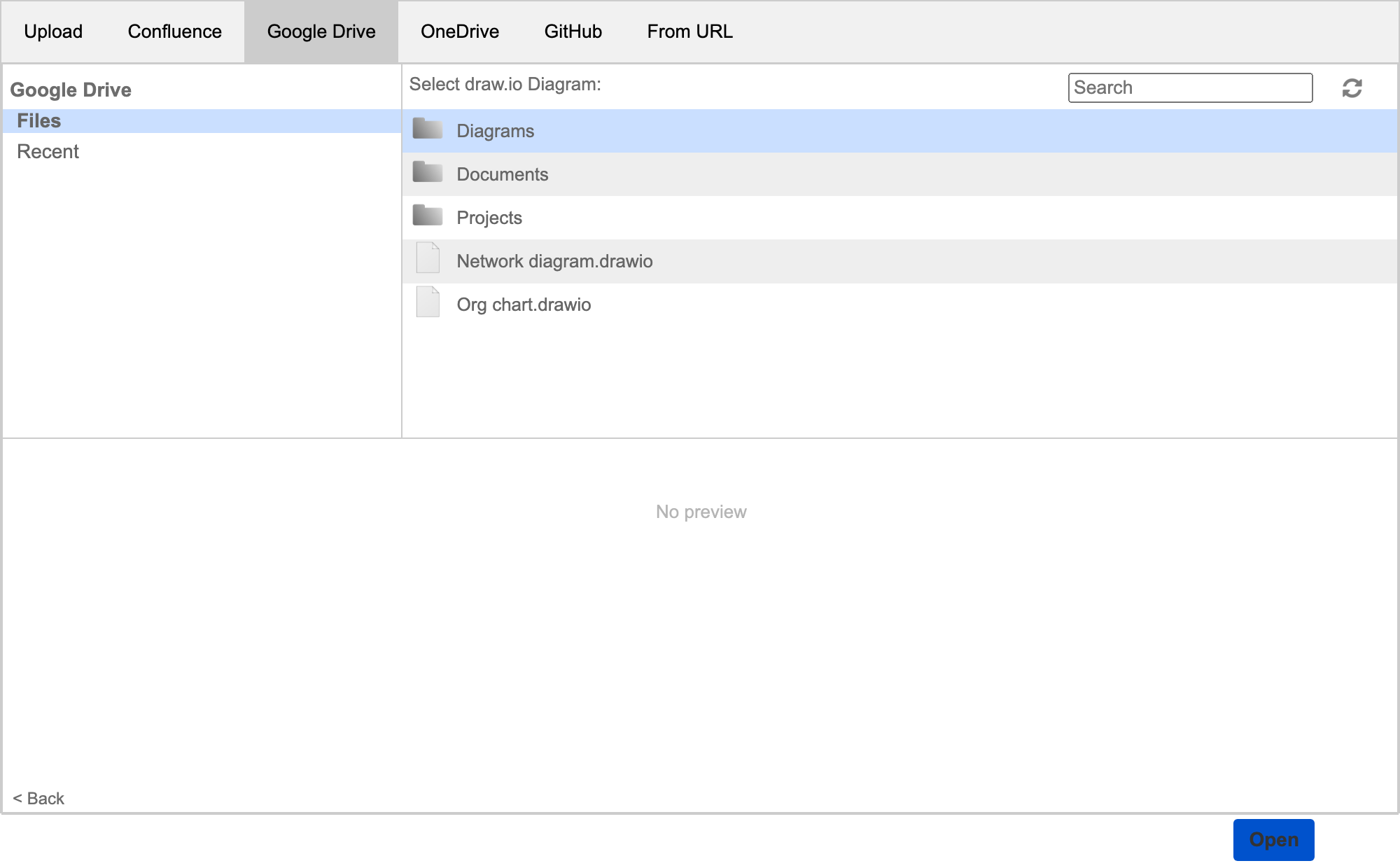 Browse your Google Drive folders to find the diagram you want to add to your issue