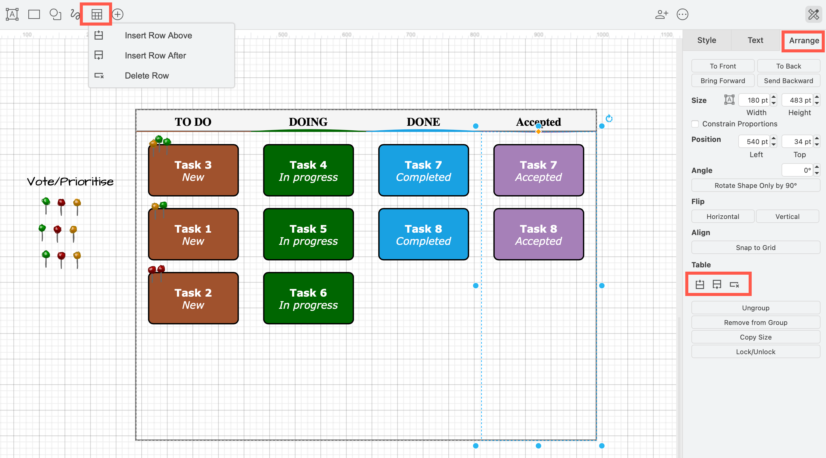 The simple Kanban board template in draw.io is a table with container cells - use the table tool or the Arrange tab to add or delete columns and rows