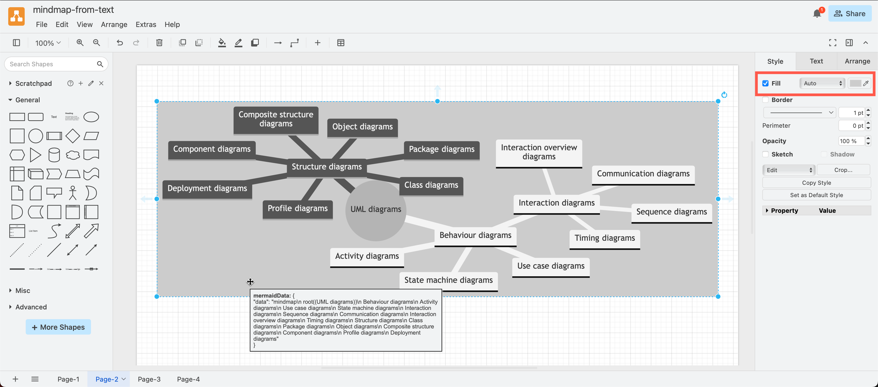 Generate a mindmap from text in draw.io by inserting Mermaid code via Arrange /> Insert > Mermaid