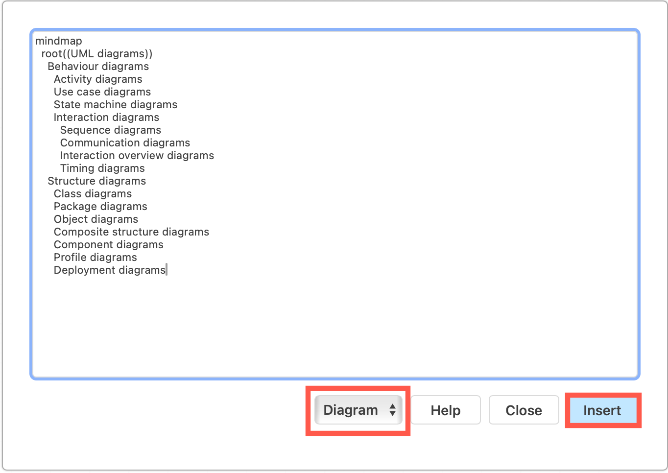 Generate a mindmap from text in draw.io by inserting Mermaid text via Arrange /> Insert > Advanced > Mermaid