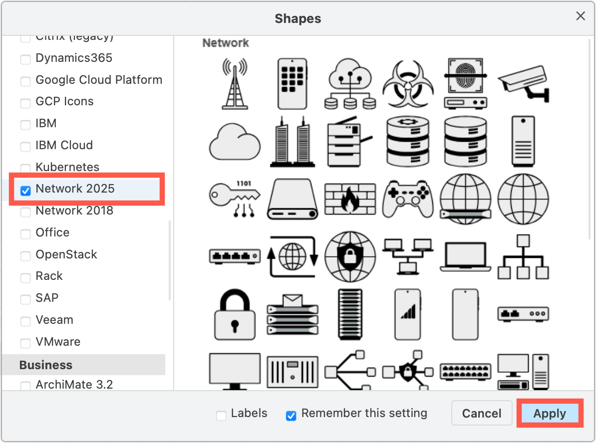 The new Network shape library includes a long shadow with additional colour styling options