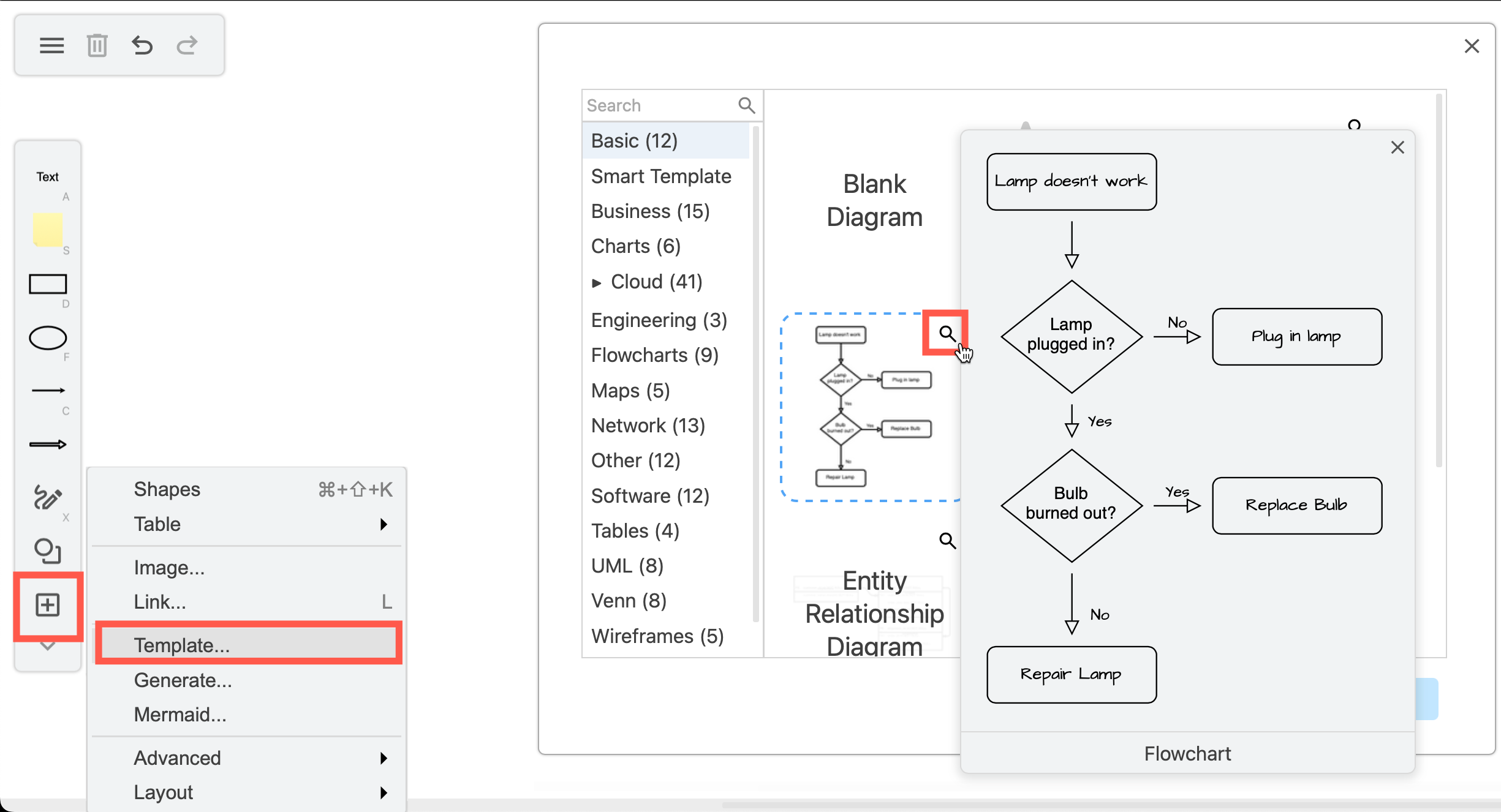 Preview a template from the large template library before adding it to your online whiteboard at sketch.diagrams.net