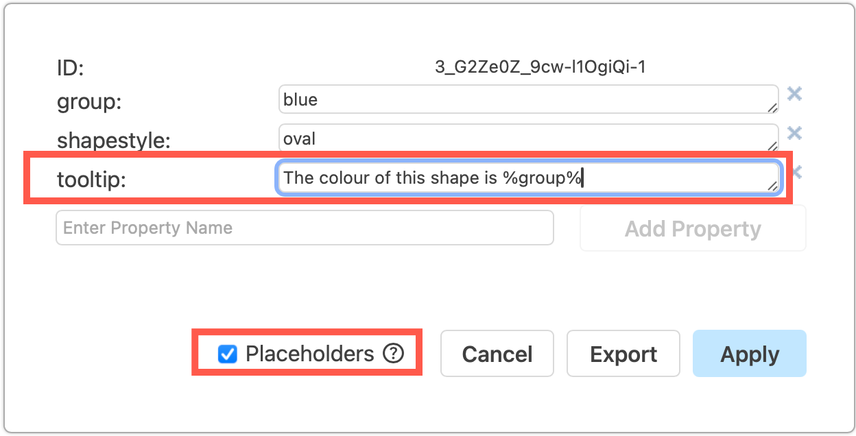 Add a tooltip property, and write the tooltip text - include a placeholder by surrounding the property name with % signs