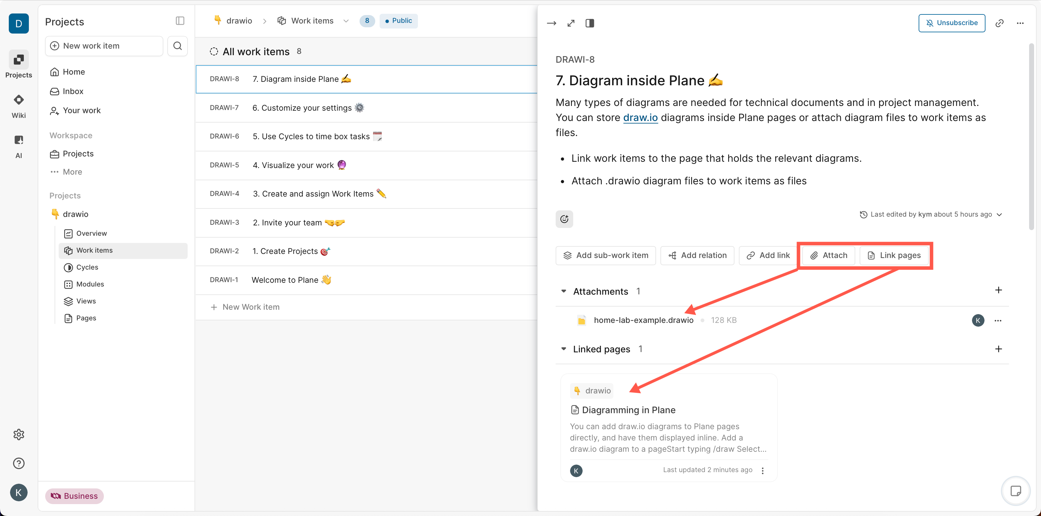 draw.io diagrams can be attached as files to work items, or linked to the Plane page that includes the diagram