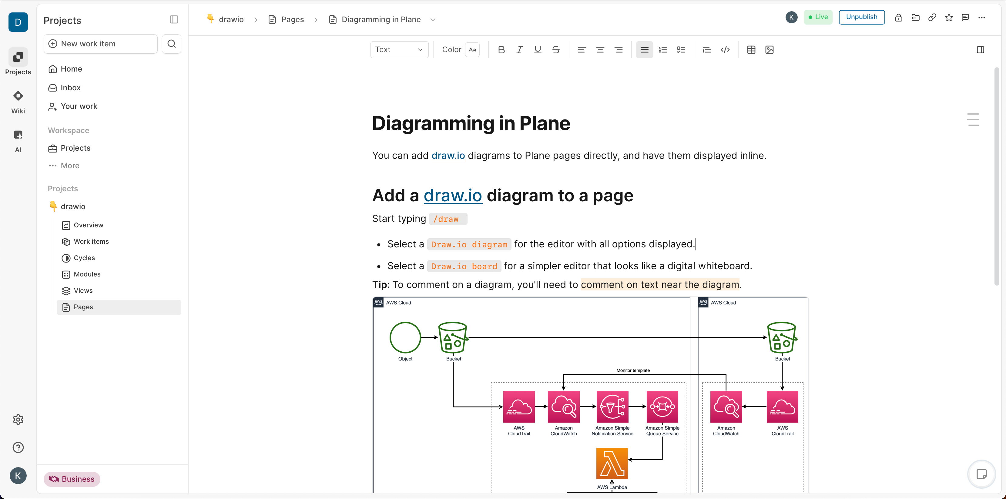 draw.io diagrams can be embedded and stored in Plane.so pages