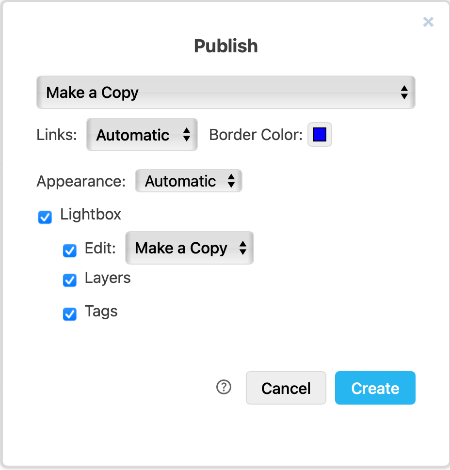 Viewer options when publishing your diagram as a link from Google Drive