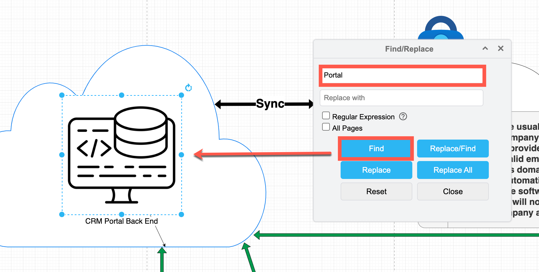 Find and replace text on any page in a diagram