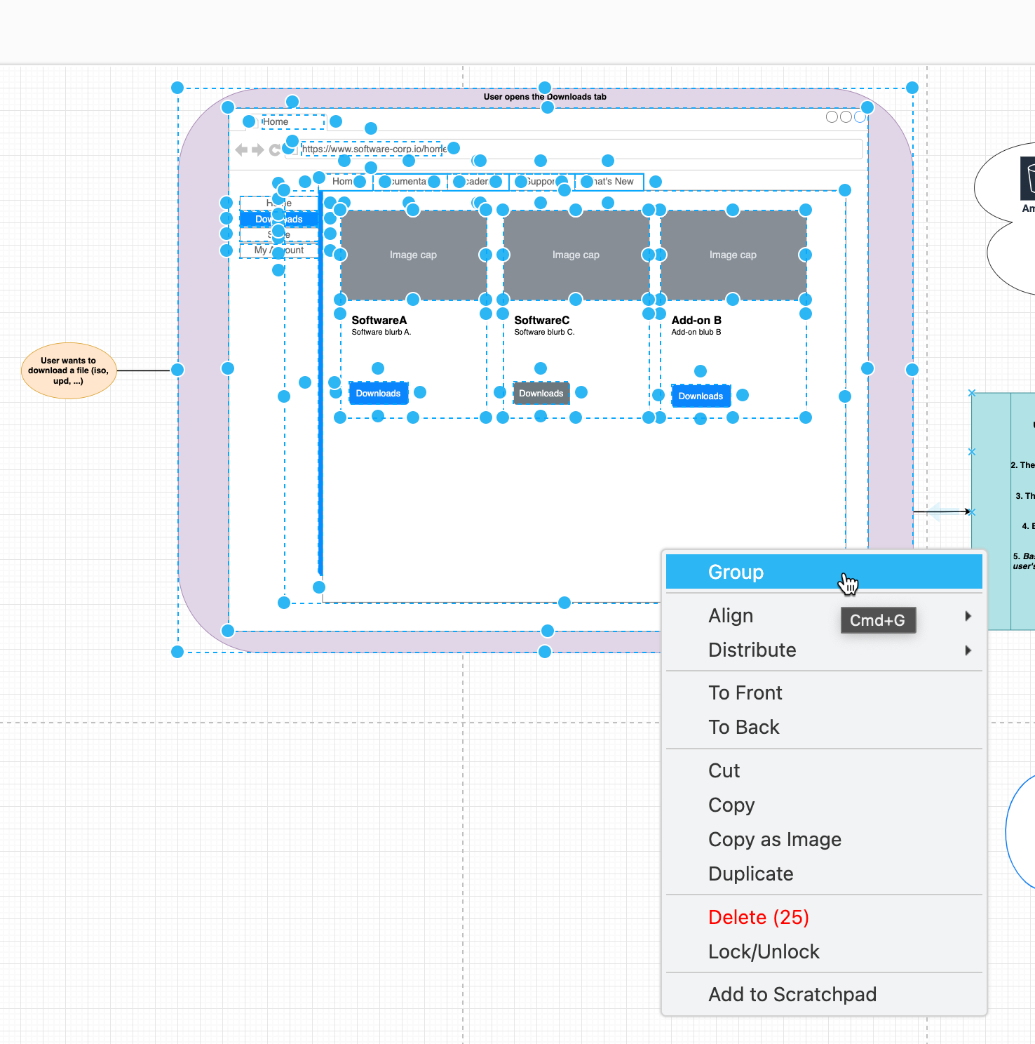 Group closely related shapes to keep them together when you move the group around the drawing canvas in draw.io