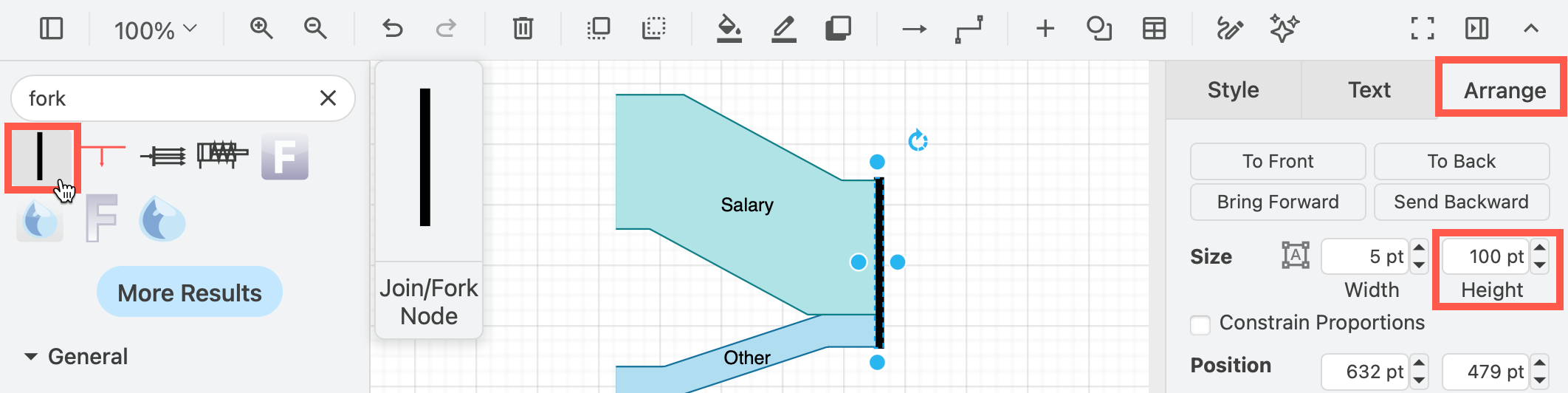 Add a fork shape from the shape search to represent a stage in a Sankey diagram in draw.io
