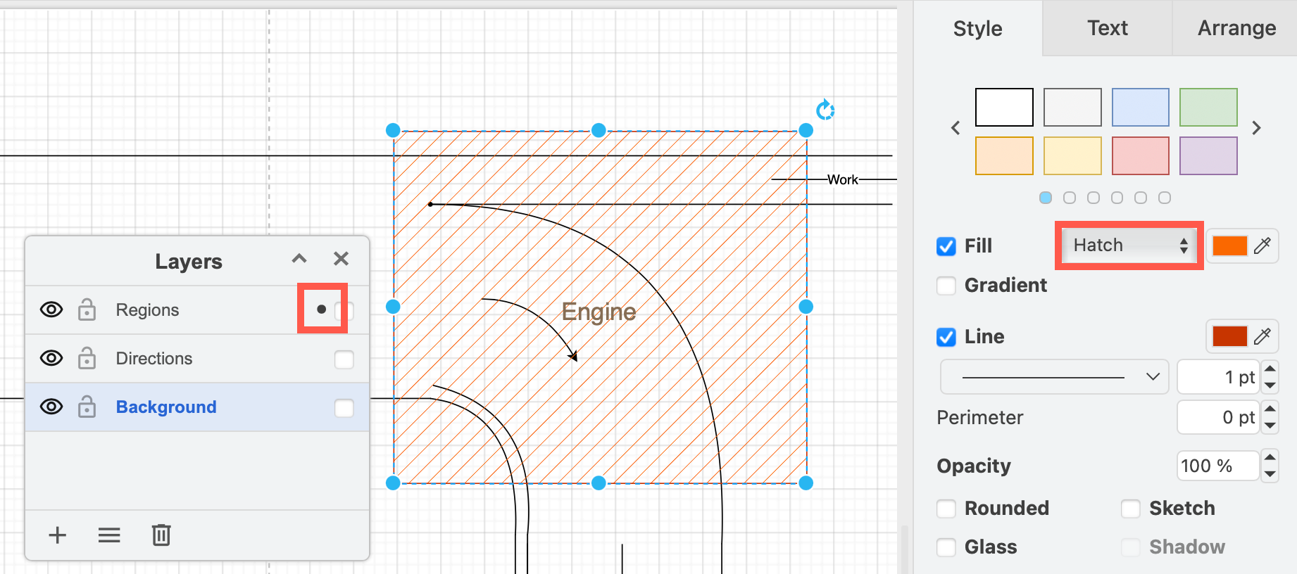 Use the hatch fill style on regions so the flows below can still be seen