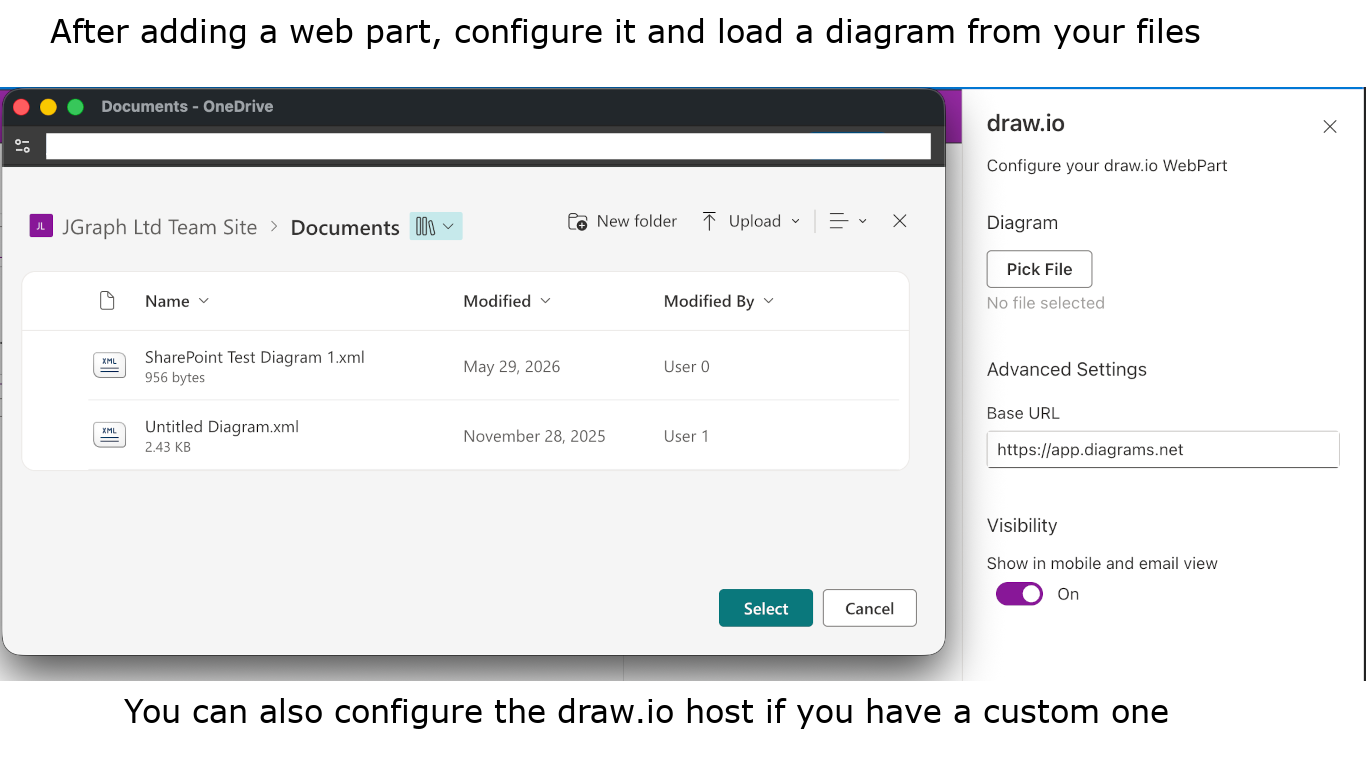 Click Pick File in the draw.io web part configuration panel, then select a draw.io diagram file from a document library and click Select