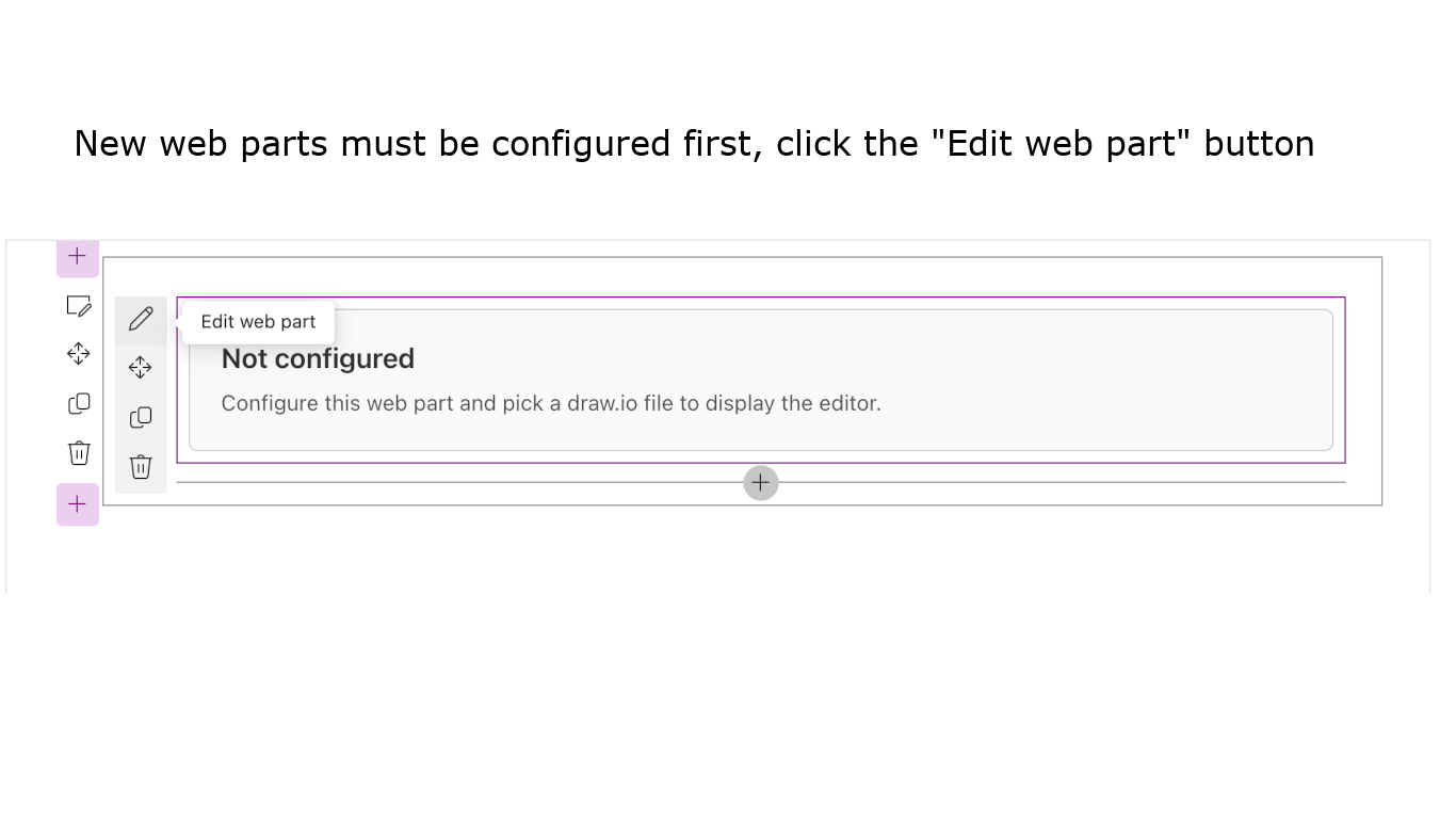 Select the new draw.io web part on your SharePoint page, then click the pencil icon to open the web part configuration panel