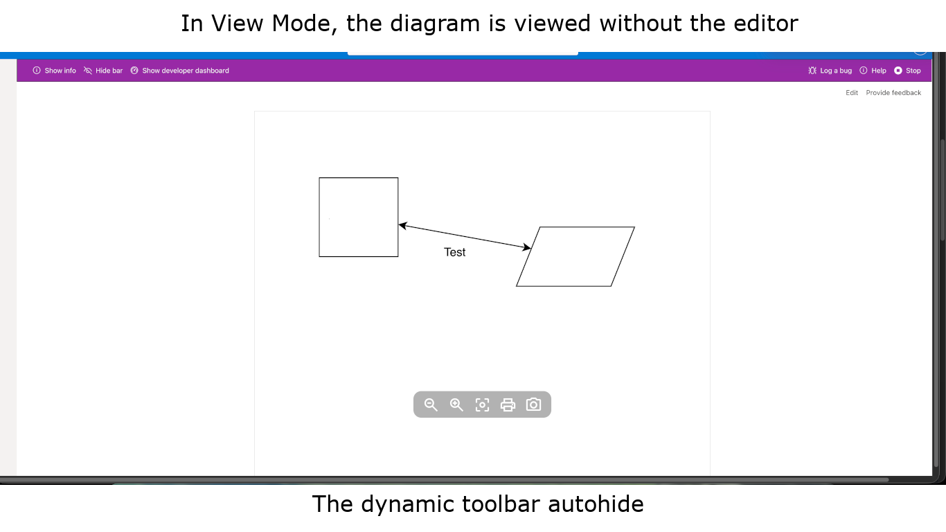 When your SharePoint page is in view mode, the diagram is displayed without the editor, with a toolbar to zoom into and print the diagram
